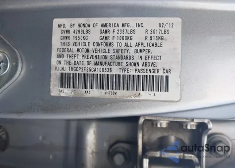 2012 Honda Accord 2.4 Lx z USA, uszkodzony, nr VIN 1HGCP2F35CA100536